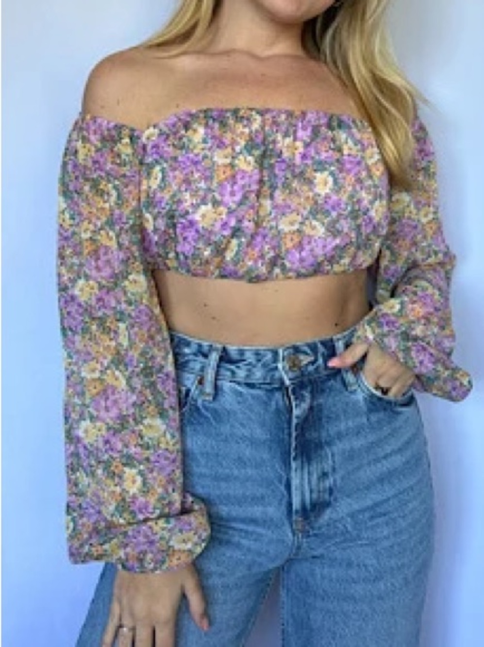 Floral Off the Shoulder Long Sleeve Crop Top